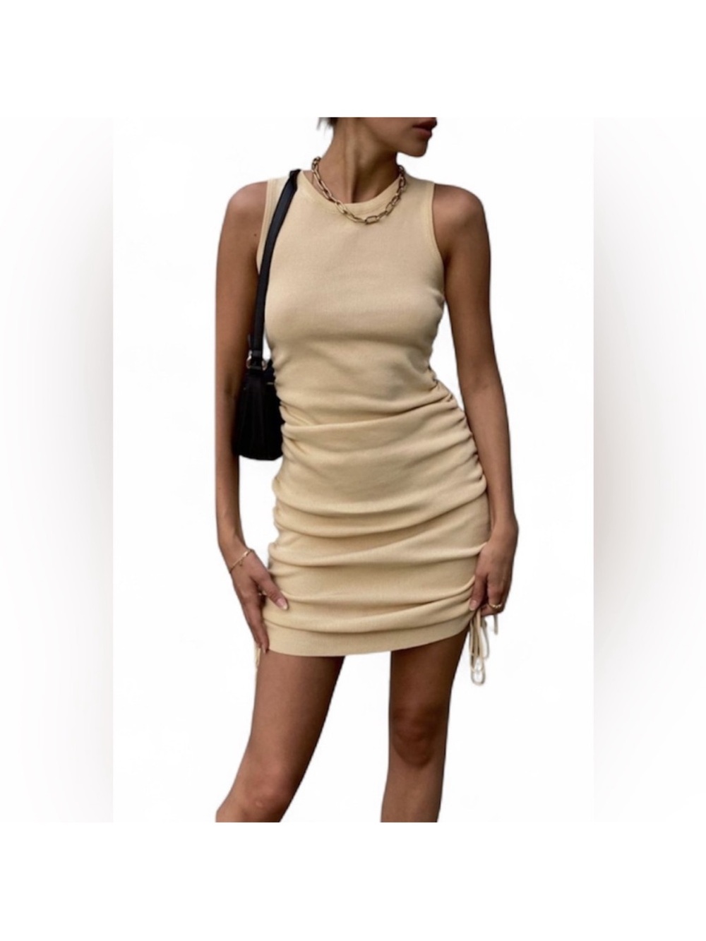 Lioness Beige Sleeveless Ruched Mini Dress